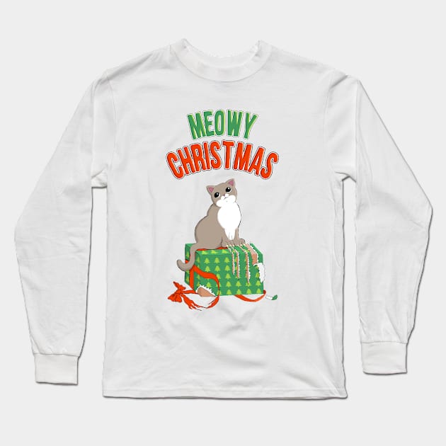 Meowy Christmas Cat Clawed Present Long Sleeve T-Shirt by xenotransplant